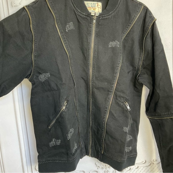 Sandrine Rose FREE PEOPLE Zip Bomber Black Denim Jacket Women’s Size Medium New - Picture 2 of 7